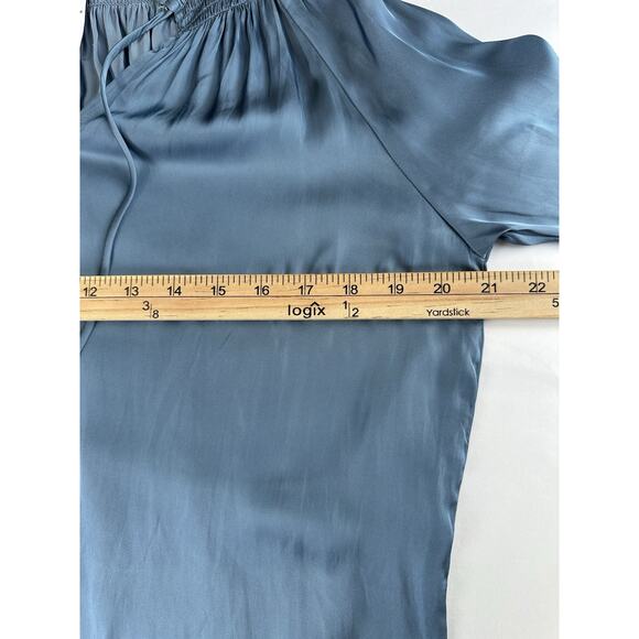 Carmen Marc Valvo Silky Slate Blue Blouse Sz Small Petite Classic Boho Flowy - Picture 11 of 12